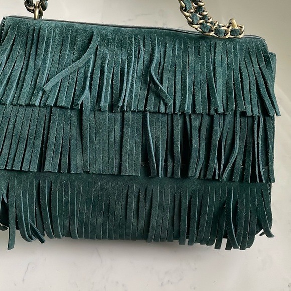 Tory Burch suede fringe leather bag in forest green - Picture 4 of 17